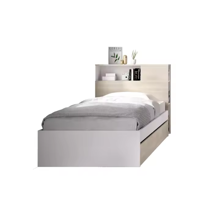 DEKIT GRUPO RIMOBEL TEN - CAMA CON CABEZAL Y ARO DE CAMA DE 90X190 CON DOS CAJONES - BLANCO / NATURAL - 96 x 99 x 218,2 - 1