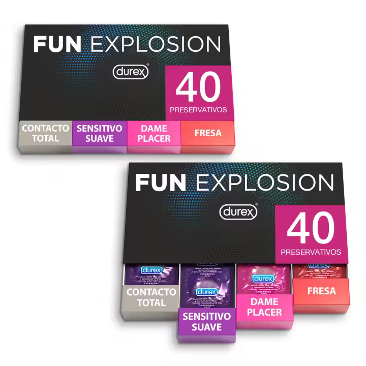 Durex - Fun Explosion, 2x Pack Preservativos Sabor Fresa, Dame Placer, Sensitivo Suave y Contacto Total, 80 Condones, 52 y 56 mm - 1