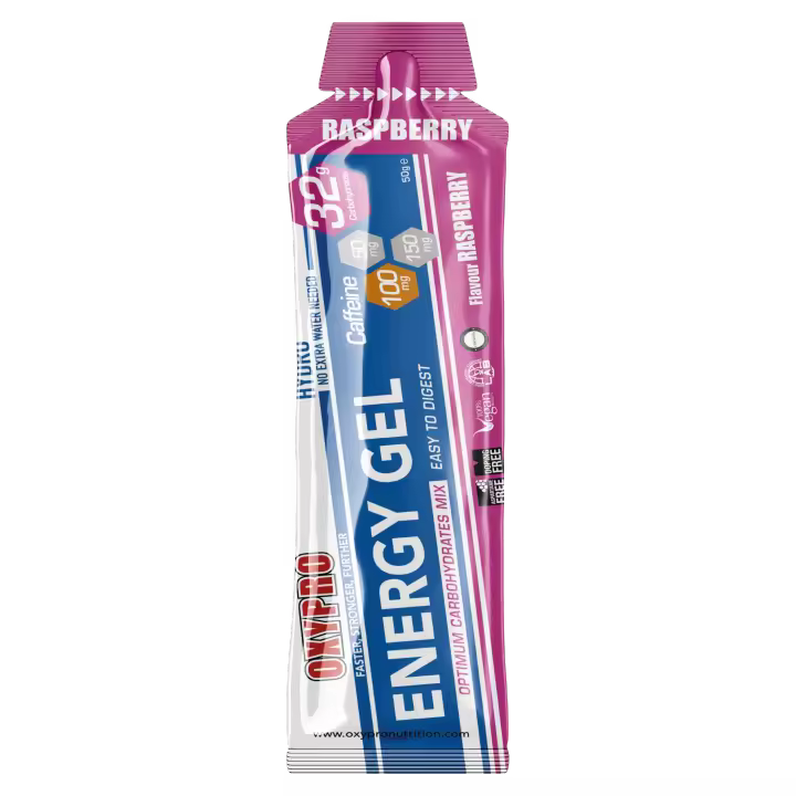 OXYPRO® Nutrition - ENERGY GEL sabor Frambuesa con 100mg Cafeína - 32.2g CH - 100% HYDRO - No extra water needed - Suitable for Vegans - 1