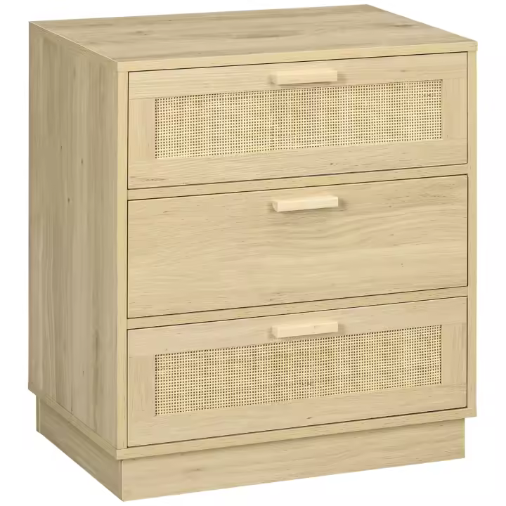 HOMCOM Cómoda de Noche con 3 Cajones de Rejilla de Ratán Cajonera de Madera para Dormitorio Salón Estilo Bohemio 60x38x69 cm Natural - 1
