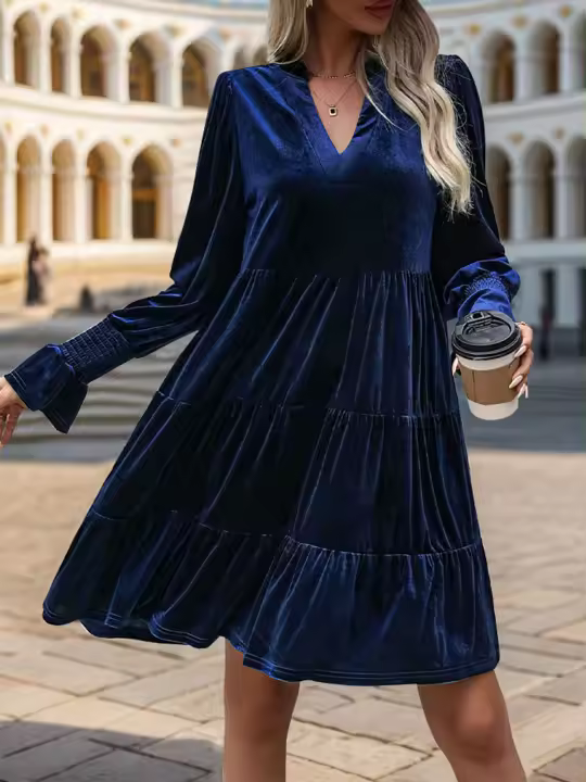Vestido De Veludo Elegante Para Mujer Con Vuelta Y Cuello En V Vestido Cruzado De Comercio Exterior Europeo Y Estados Unidos Estilo Casual De Otoño - 1