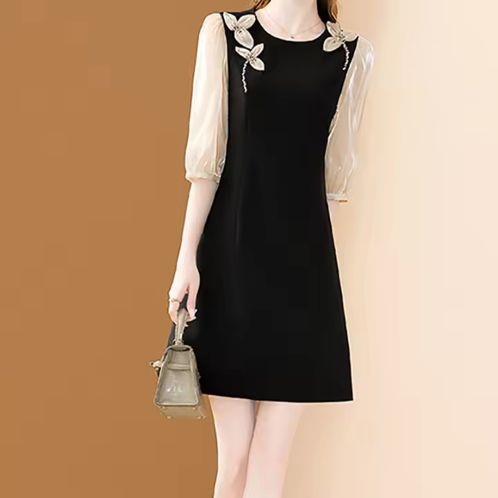 EVNISI Vestido Elegante Para Mujer Negro Con Bordado Y Flares Estilo Casual Slim Para Oficina Y Fiestas A-Linea Cuello O - 1