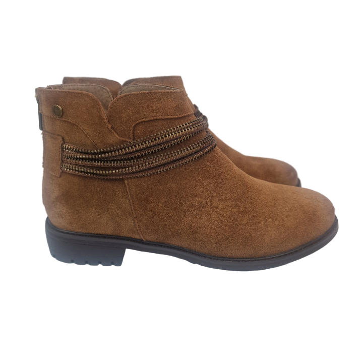 Carmela women's flat ankle boots camel color casual ankle boot suede natural leather zippers ankle back closure worn effect comfort