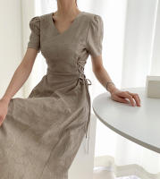 Vestido Largo De Algodón Y Lino Para Mujer Estilo Retro Vintage Con Manga Corta Diseño Sólido A-Line Cuello V Moda De Oficina - details 32
