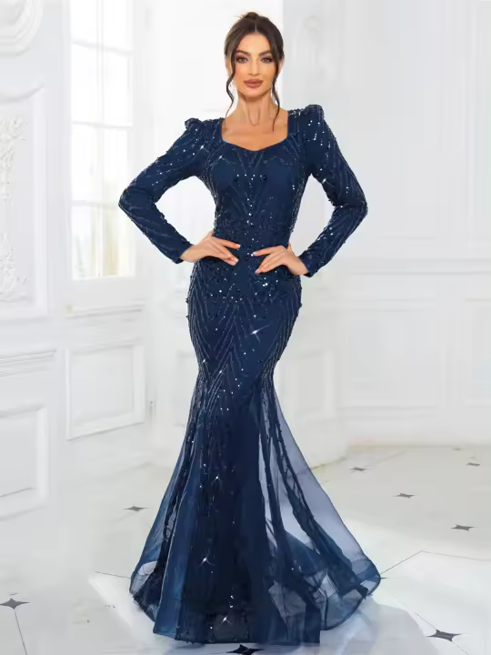 Vestido De Noche Maxi Con Encaje Y Lentejuelas Fishtail Elegante De Organza Patchwork Con Manga Larga V-Neck Verde Azul Formal Para Mujer - 1