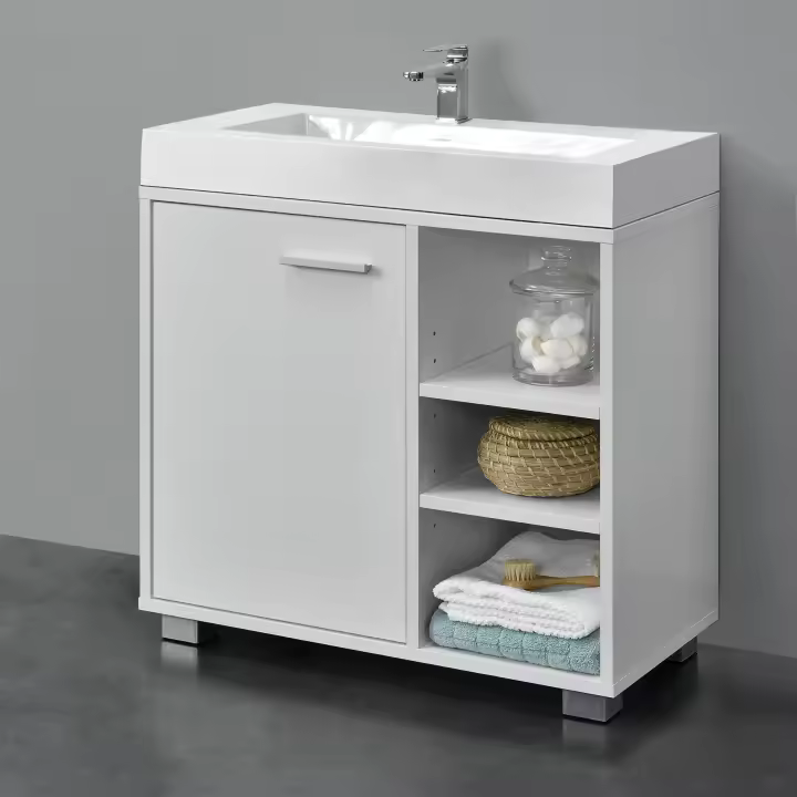 Mueble de Lavabo - 56 x 60 x 31 cm - Mueble de Baño debajo del Lavabo - con Puerta y 3 Estantes - Aglomerado - con Ranura para Sifón - Blanco [en.casa]® - 1