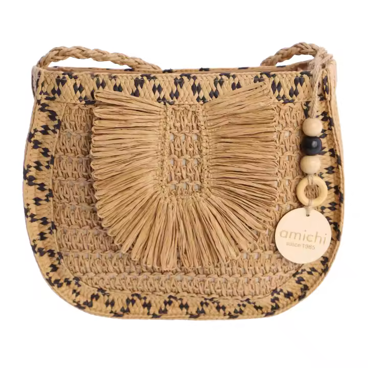 Bolso bandolera para mujer AMICHI Fina de rafia camel con cierre de cremallera - 1