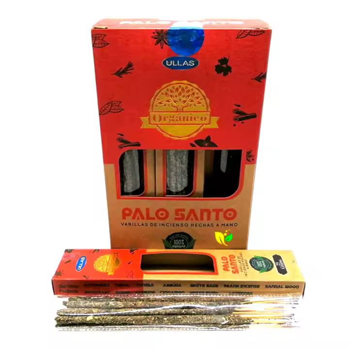 Incienso Orgánico de Palo Santo Ullas Hechos a Mano sin Mano de Obra Infantil y con Aceites Naturales, 12 Cajitas de 25g c/u. - 1