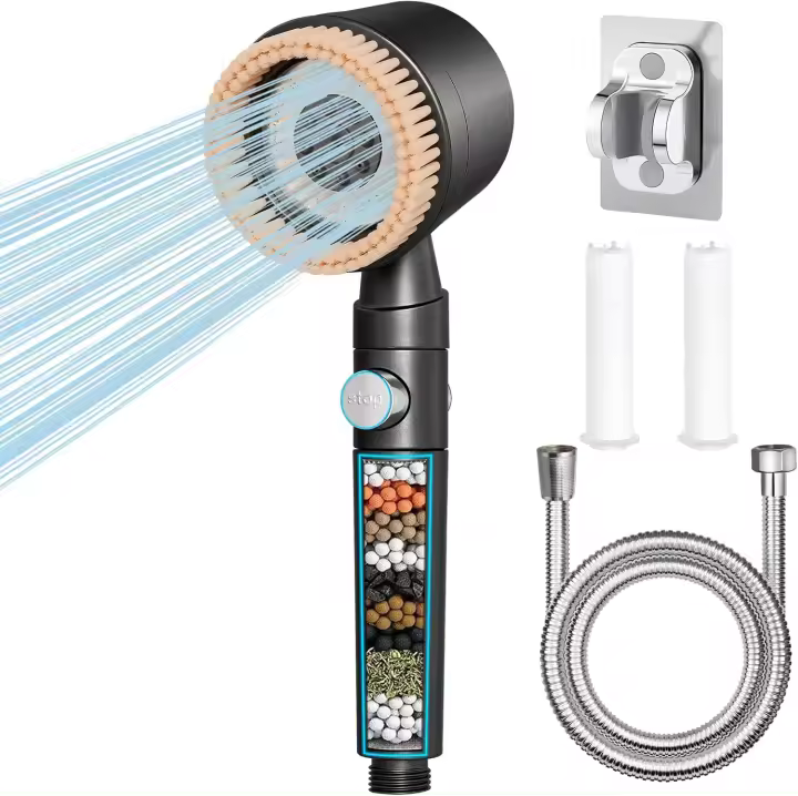 Alcachofa de ducha de alta presión con filtro, cabezal de ducha de ahorro de agua, cabezal de ducha con manguera, ducha de mano de alta presión con 5+1 tipos de chorro, para eliminar el agua - 1