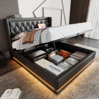 Cama de almacenamiento hidráulico de Material de PU Negro, Cabeza de Cama de almacenamiento with Carga USB type C, función LED de 3 lados (with colchón) - details 1
