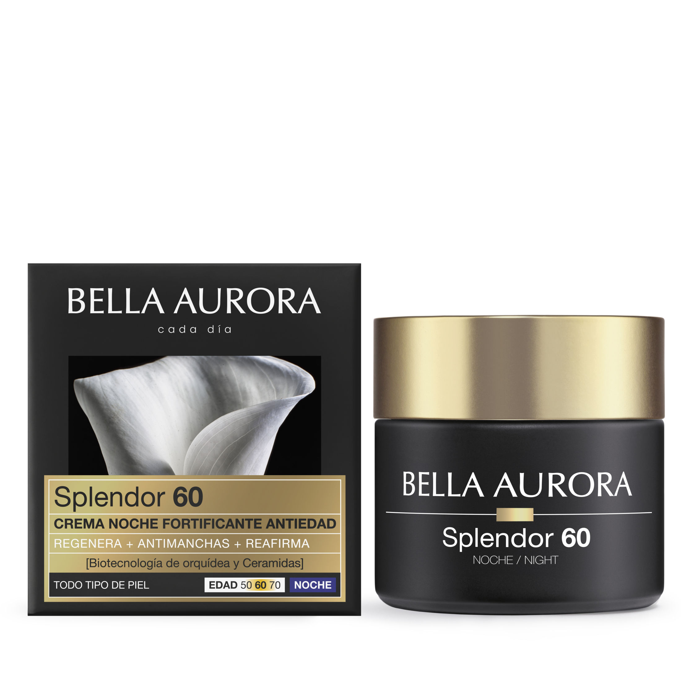 BELLA AURORA - Splendor +60 Crema de Noche 50 ml, Tratamiento Fortificante Antiedad, Activos Última Generación y Extractos Naturales, Restaura la Tensión Cutánea, para Cualquier Piel, Efecto Lifting