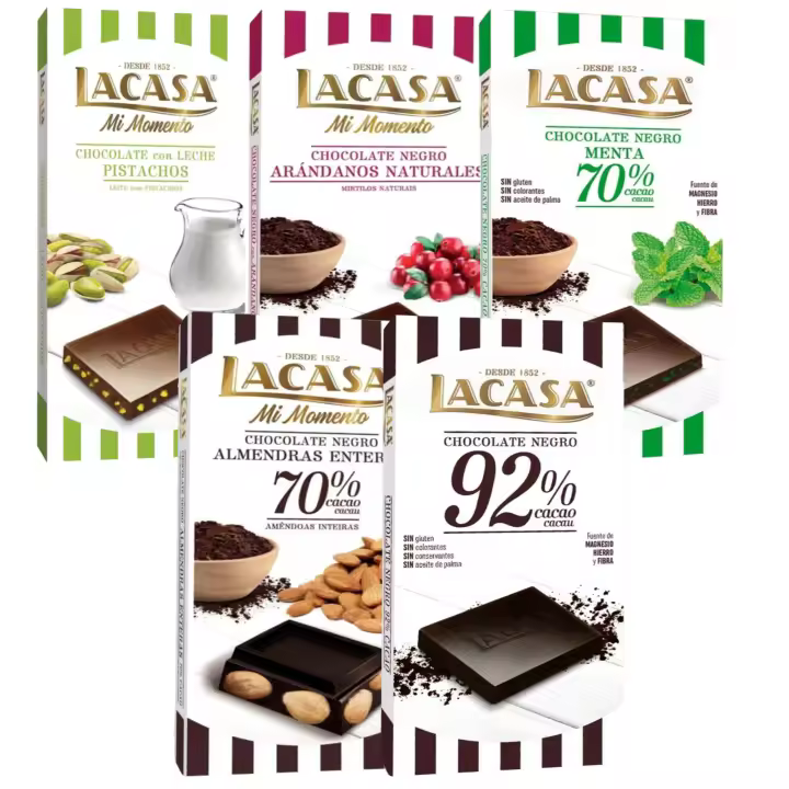 Pack Lacasa 5 deliciosas tabletas de chocolate de distintos sabores y tamaños: arandanos ,leche pistacho 90g, menta ,cacao 92% , almendra 200g - 1