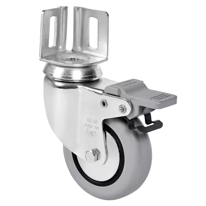 CABLEPELADO Rueda pivotante con pletina angular y freno | Ruedas de goma gris inyectada | No ralla el suelo | Silenciosa y no deja huella | Aptas para soportar cargas hasta 70 Kg | Diámetro 60 mm - 1