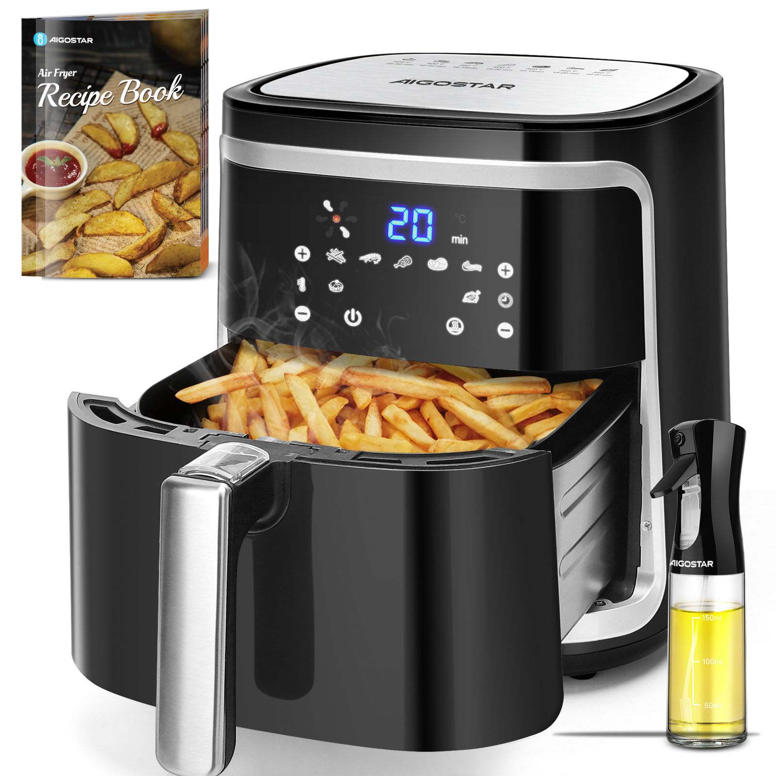 AIGOSTAR Freidora de Aire sin Aceite - Pantalla LED Táctil, Gran Capacidad de 7L, Libro de Recetas Incluido, Cesta Antiadherente, Temporizador, 1900W，Negro.