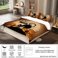 Juego De Sábanas De Halloween Con Estampado De Gato Negro Calabaza Y Murciélago (1 Funda De Edredón + 2 Fundas De Cojín) 100% Poliéster 90gsm - details 4