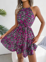 Vestido De Verano Casual Para Mujer Con Estampado Floral Y Volantes Estilo Halter Largo Mini Polyester Slim Fit Y Flare - details 1