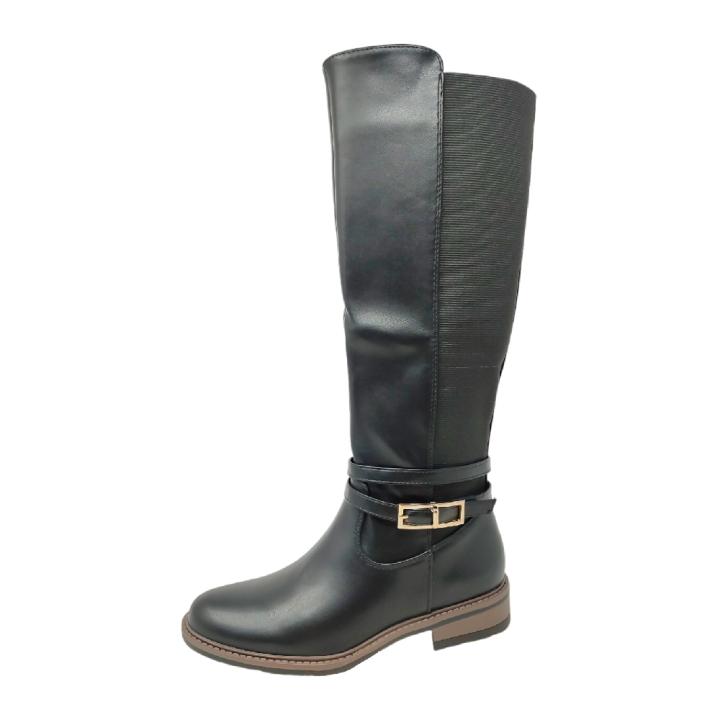 Botas de Mujer Tipo Montar Elegantes con Panel Elástico y Cremallera (Negro/Marrón)