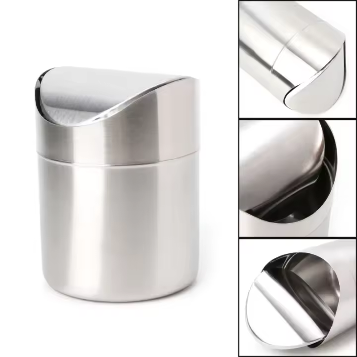 Bandeja De Papelera De Acero Inoxidable Mini 1.5L Con Tapa Giratoria Para Escritorio Y Cocina Ecológica Y Duradera - 1