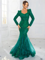 Vestido De Noche Maxi Con Encaje Y Lentejuelas Fishtail Elegante De Organza Patchwork Con Manga Larga V-Neck Verde Azul Formal Para Mujer - details 2
