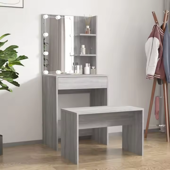 vidaXL Juego de tocador con LED madera contrachapada gris Sonoma - 1
