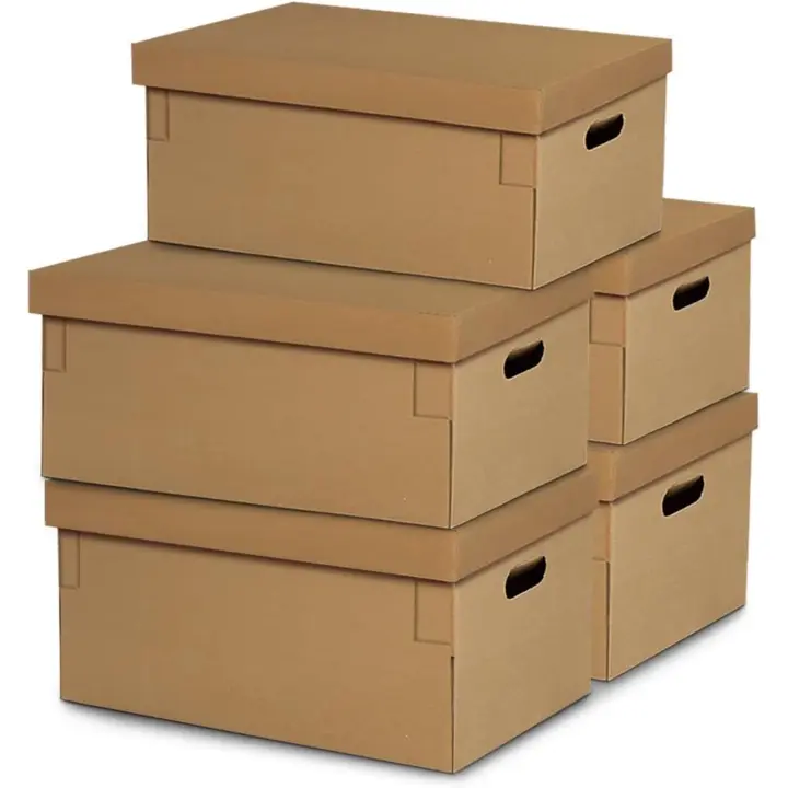 LD Morphling-Caja con Tapa, Embalaje, Pack 5 Unidades, Almacenamiento, Asa Troquelada, Cartón Reforzado y Resistente en Tres Tamaños -Garantía 2 años -Para oficina, Casa y Mudanzas - 1