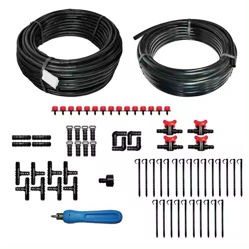 DRIPALIA - Kit de riego : 50 m tubería 16 c/goteros 4L a 33 cm + 25 m sin gotero +15 goteros regulables + 54 accesorios +1 sacabocados - 1
