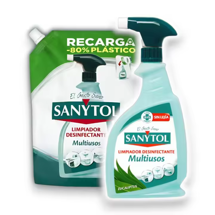 Limpiador Desinfectante Multiusos Eucaliptus SANYTOL - Sin Lejía Elimina el 99,9% de Gérmenes - Pistola de 750ml - Packs de  2 y 4 Unidades - Ideal para Limpiar y Desinfectar Hogares con Bebés y Mascotas - SANYTOL. - 1
