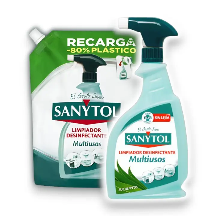 Limpiador Desinfectante Multiusos Eucaliptus SANYTOL - Sin Lejía Elimina el 99,9% de Gérmenes - Pistola de 750ml - Packs de  2 y 4 Unidades - Ideal para Limpiar y Desinfectar Hogares con Bebés y Mascotas - SANYTOL. - 1