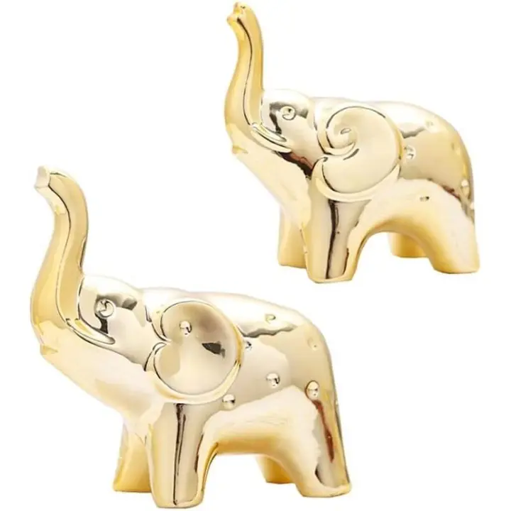 Un par de estatuas de elefante dorado para decoración del hogar, esculturas de elefante, adornos para sala de estar, oficina, escritorio, estantería, decoración dorada para aniversarios, bodas, regalos de San Valentín, Navidad, etc. - 1
