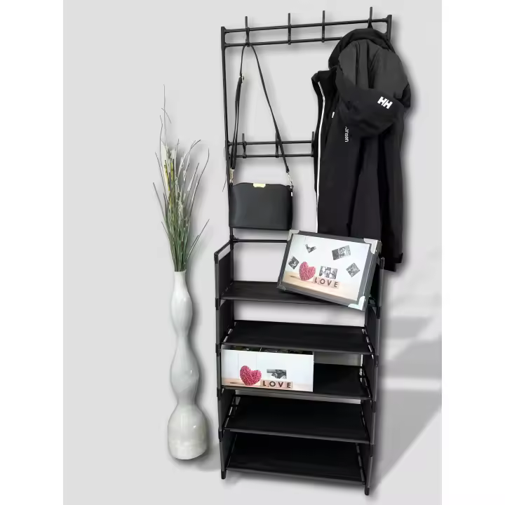Zapatero de acero al carbonde 5 niveles, estante para sombreros, árbol de salón ajustable con 16 ganchos de suspensión de plastico, cubierta lateral para entrada, baño, sala de estar - 1