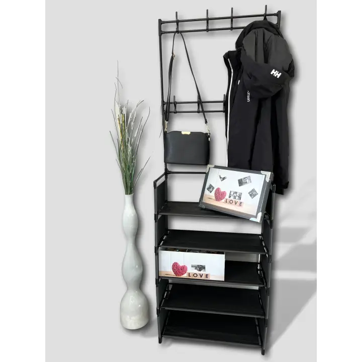 Zapatero de acero al carbonde 5 niveles, estante para sombreros, árbol de salón ajustable con 16 ganchos de suspensión de plastico, cubierta lateral para entrada, baño, sala de estar - 1