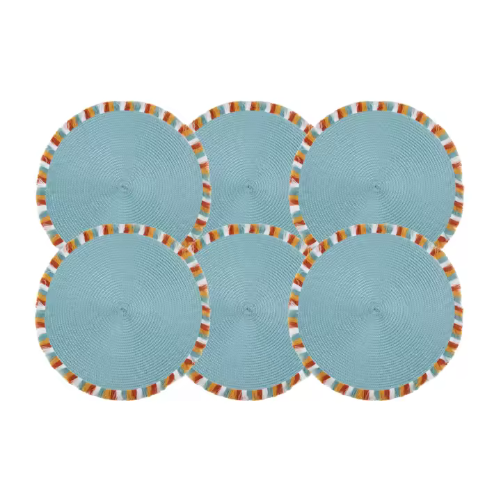 Cofan Pack de 6 salvamanteles individuales  Bajoplatos redondos  Color: azul  Salvamanteles con flecos de colores  Diámetro: 38 cm - 1