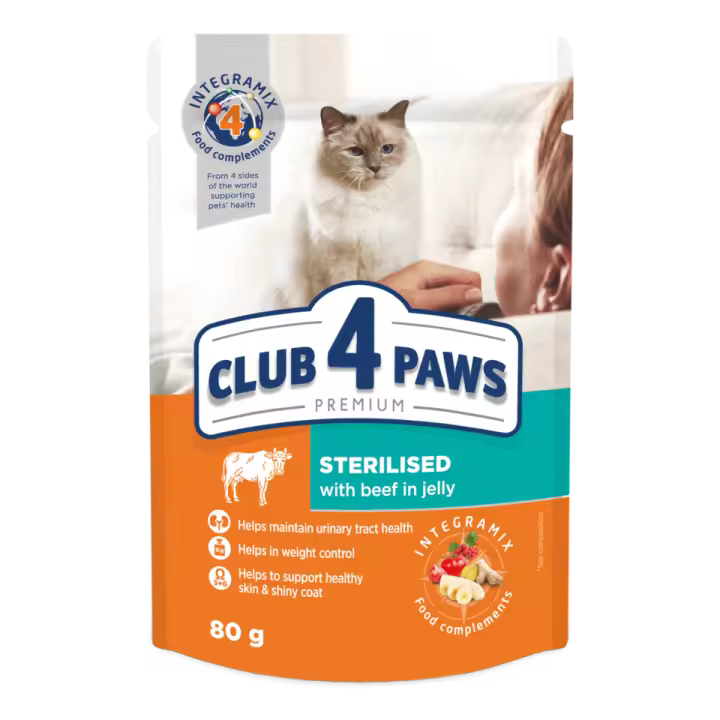CLUB Comida húmeda completa para gatos adultos esterilizados CLUB 4 PAWS PREMIUM-Ternera en gelatina ,PACK 24*80g - 1