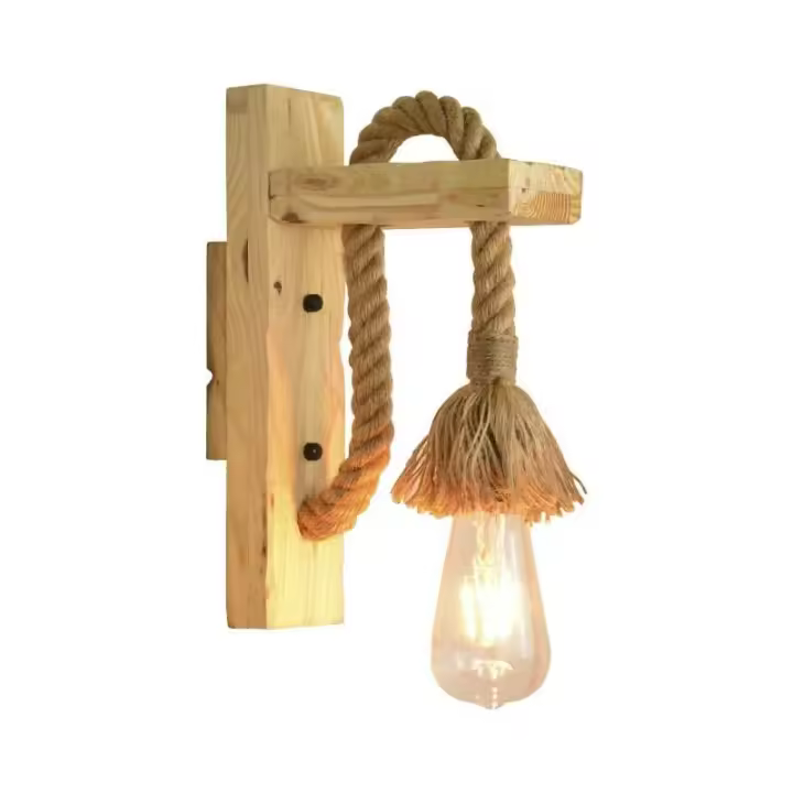 SOMY Lámpara de pared de diseño retro, cuerda de cáñamo de madera, lámparas de noche de hotel de pasillo, apliques de pared para interiores, bombilla cálida Edison E27 incluida - 1
