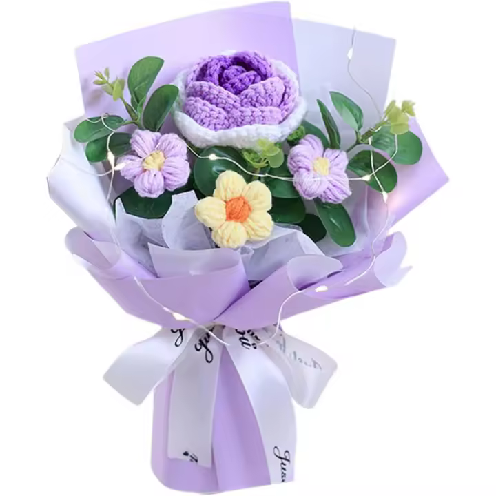 Ramo de flores de crochet, ramo de rosas tejido a mano, centro de mesa, adorno versátil, flores de punto, ramo de flores artificiales - 1