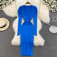 Vestido REALEFT De Mujer Otoño Invierno Con Cuello Cuadrado Manga Larga Y Acolchado De Puff Trasero Lateral Split Midi Casual - details 23
