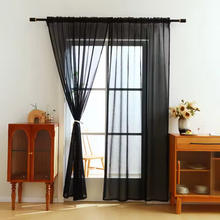 Cortina De Tela De Poliéster Negra Transparente Con Bolso Para Percha Estilo Oscuro Para Decoración De Habitaciones - 1