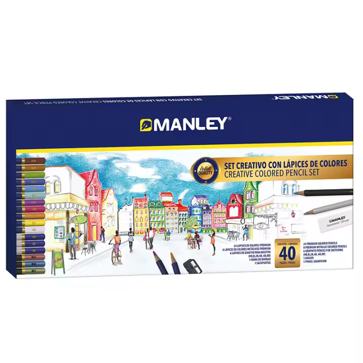 SET CREATIVO LAPICES DE COLORES MANLEY 40 PIEZAS CALIDAD SUPERIOR ALTA PIGMENTACION INCLUYENDO LAPICES METALICOS Y 6 DE GRAFITO GAMA DE BLANDOS - 1