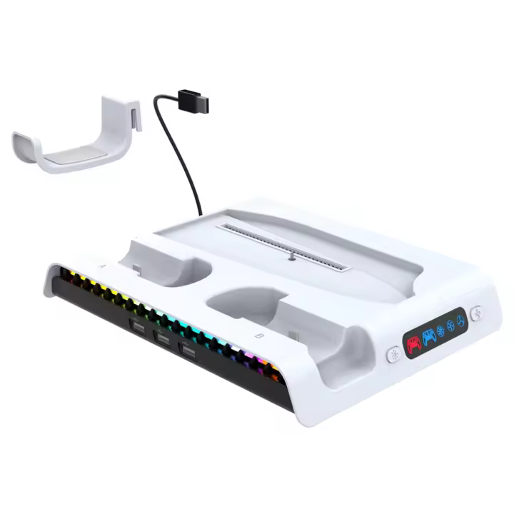 Base de refrigeración para consola PS5 Slim, soporte para Gamepad con flujo de aire de 3 velocidades, colgador de auriculares de carga con luces RGB - 1