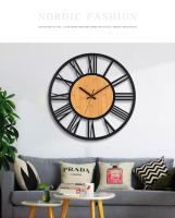 3D Large Wall Clocks Nordic Roman Numerals Retro Round Wood Metal Iron Accurate Silent Hanging Ornament Living Room Decoration - details 4