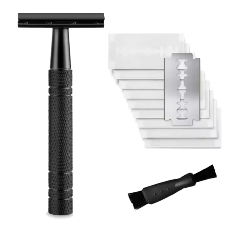 Afeitadora De Seguridad Doble Faja Para Hombres Con 10 Hojas De Afeitar Reutilizable Essencial Para Viajes Cabeza De Afeitar De Aleación De Zinc Mango De Aluminio Acero Inoxidable - 1