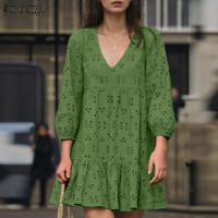 ZANZEA Vestido Mini De Verano Para Mujer Estilo Casual Con Encaje Bordado Hueco Y Manga Puff Vuelta En El Cuello Vestidos Puff Sleeve A-Line - details 4