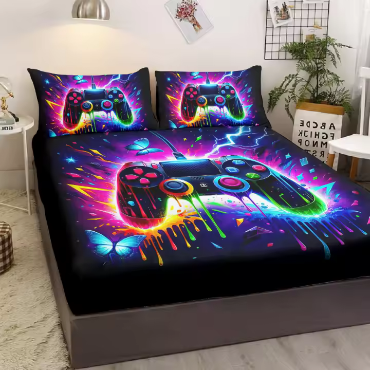 Juego De Sábana Coloreada Con Imagen De Mariposa Azul Para Control De Videojuegos 3 Piezas Con 2 Fundas Para Almohadas Poliéster Moderno Para Cama - 1