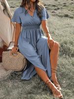 Vestido Casual De Verano Para Mujer 2024 AliExpress Con Cuello En V Manga Corta Y Abertura Midi De Poliéster Estilo Europeo Y Americano - details 5