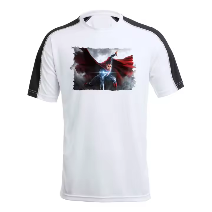 MERCHANDMANIA CAMISETA TÉCNICA FRANJA MANGAS NEGRA superhombre superheroe hombre con capa tshirt hombre de acero - 1