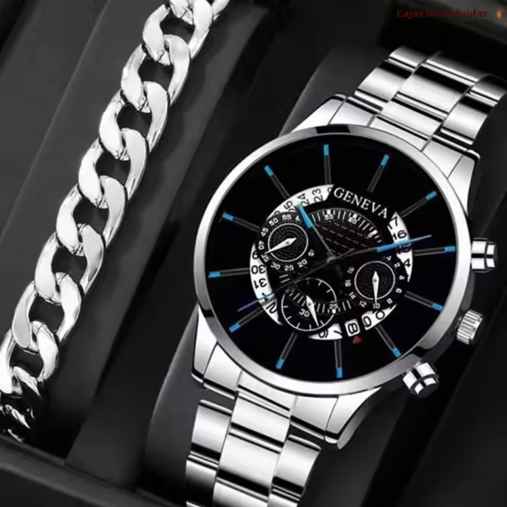 Reloj De Negocios Para Hombre Lujo 2pcs Big Dial Calendario Resistente Al Choque Reloj De Pulsera De Cuarzo Deportivo Casual De Acero Inoxidable Moda - 1