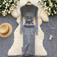 Vestido De Punto Para Mujer REALEFT Otoño Invierno Con Cinturón Cuello Polo De Mano Sola Manga Larga Ajuste Cintura Alta Vestido De Trabajo - details 4