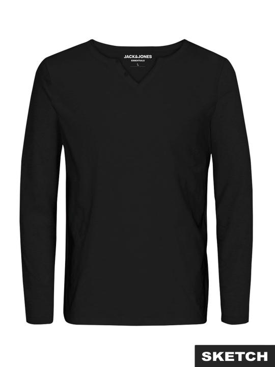 Jack & Jones Esplit Black T-Shirt, comfortable long sleeve shirt with button closure, made of 100% cotton, perfect for casual wear or sports.