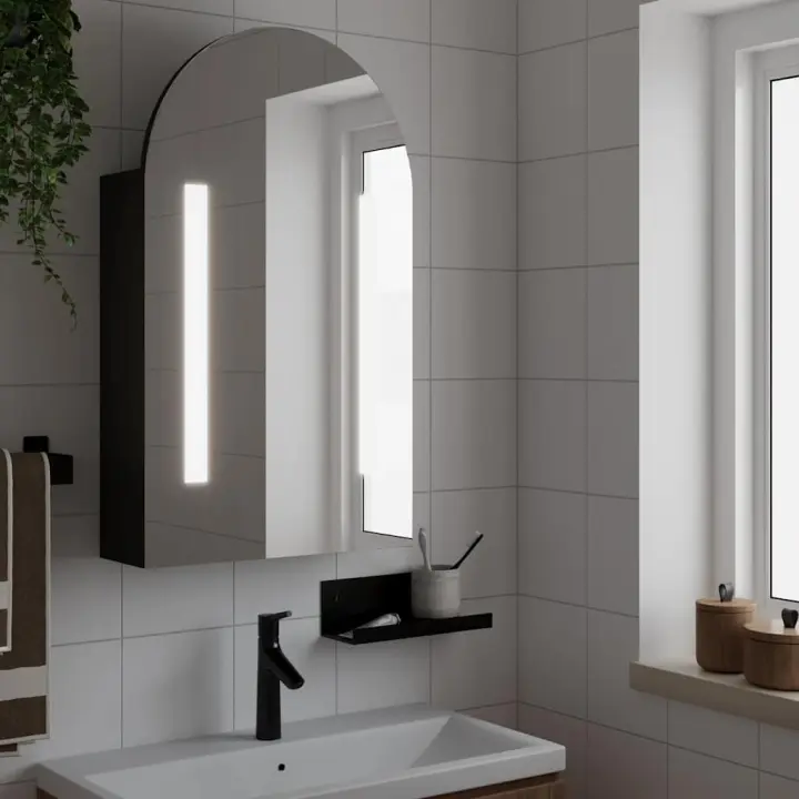 vidaXL Mueble de baño con espejo arqueado y luz LED 42x13x70 cm en color Negro/Gris/Roble y más | almacenamiento funcional diseño moderno para baño dormitorio sala - 1