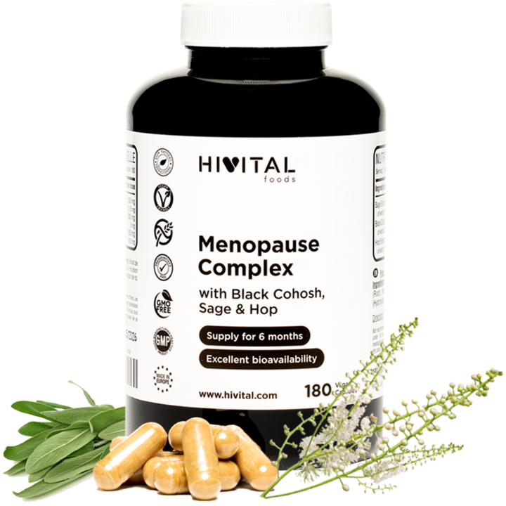 Menopausia Complex. 180 cápsulas veganas para 6 meses de tratamiento. Con Salvia, Cimicífuga y Lúpulo. Combate los síntomas de la Menopausia y la Premenopausia como los sofocos, insomnio e hinchazón. HIVITAL - 1